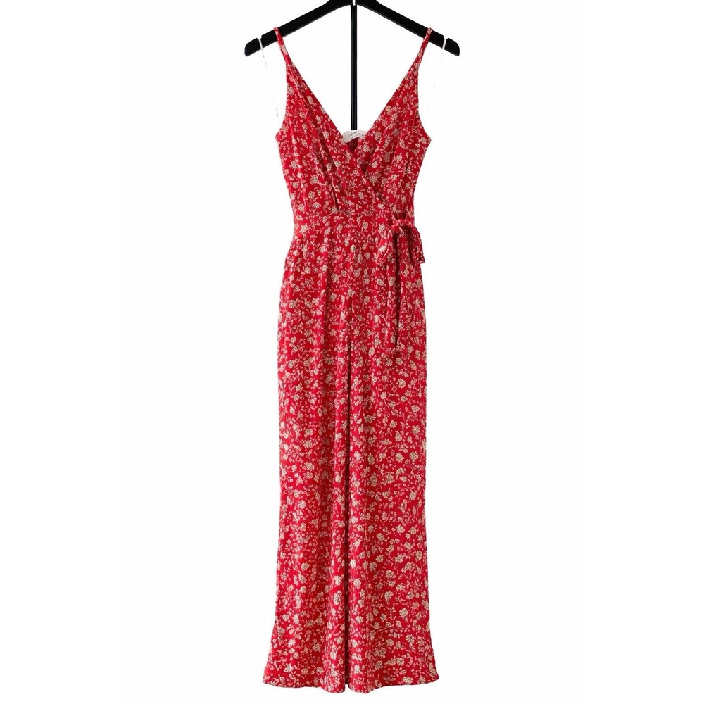 Kaileigh Floral Wrap Jumpsuit Womens M Red Wide Leg Tie Waist Boho Summer
